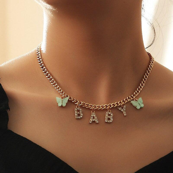 Cute Butterfly CZ Diamond Letter Choker Necklace Angel Baby Honey