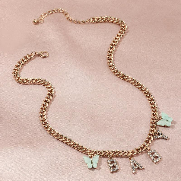 Cute Butterfly CZ Diamond Letter Choker Necklace Angel Baby Honey