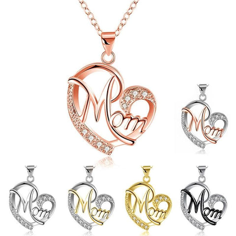 Fashion MOM Heart Shape Inlaid Crystal Pendant Necklace Mother's Day Gift High Quality Jewelry