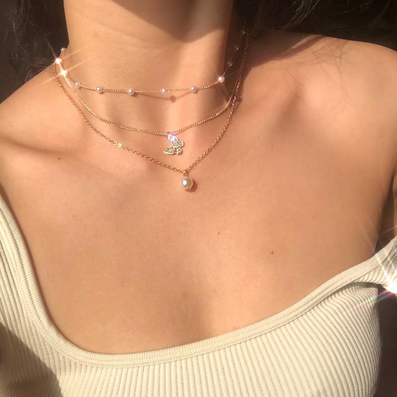 3 Layered Pearl Butterfly Trendy Chain Choker Necklace