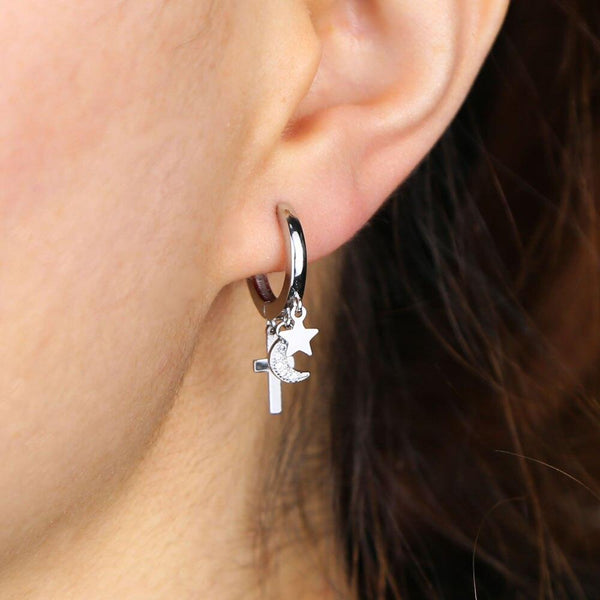 925 sterling silver cute lovely charm hoop earring gold silver rose gold 3 colors dainty cross moon star charm silver jewelry