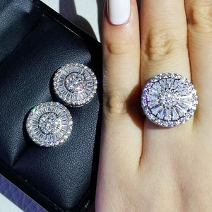 Jewelry Set Ring + Stud Earring 925 Sterling Silver Zircon Jewelry Engagement Ring