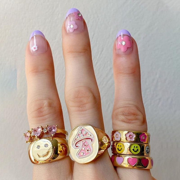 Y2K Jennie Charms Smiley Heart Flower Rings 90s aesthetic - 30% OFF Buy 2 or More No Code Required