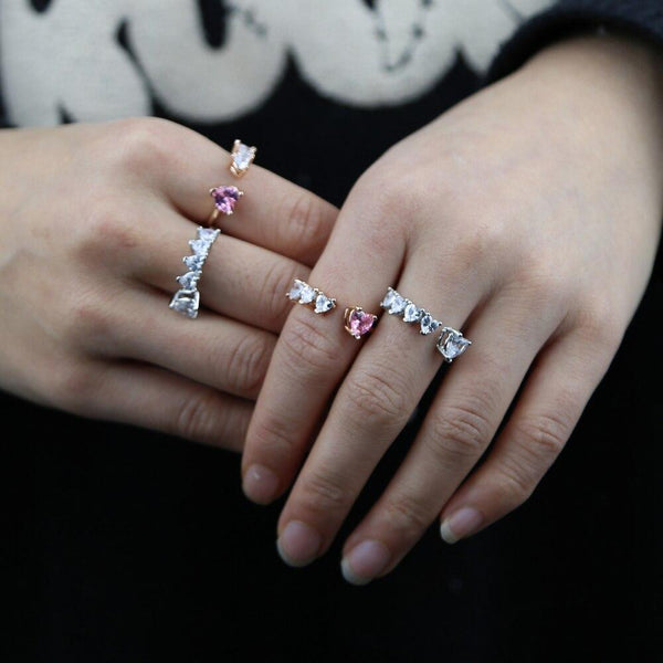 Heart CZ Ring For Women Open Adjusted Size White Pink Cubic Zirconia Finger Fashion Jewelry
