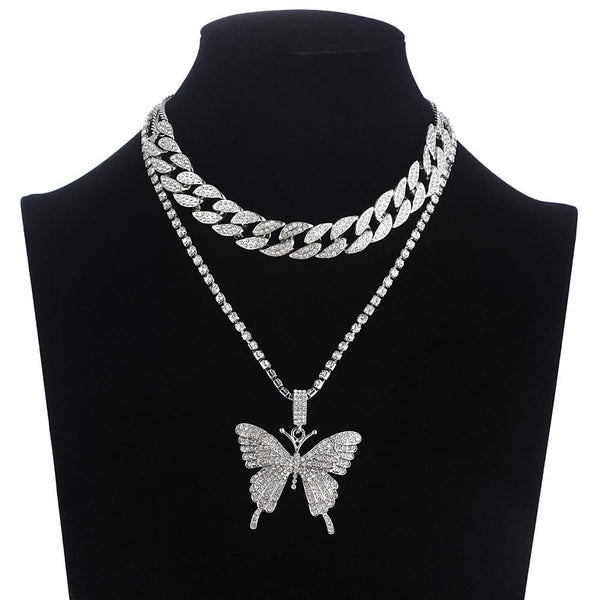 2pcs/set Iced Out Butterfly Chain Necklace