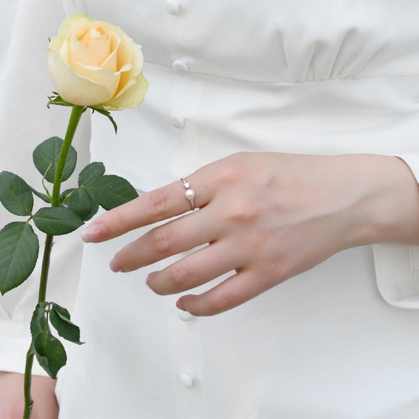 Natural freshwater pearl flash diamond 925 silver opening adjustable ring does not fade for women