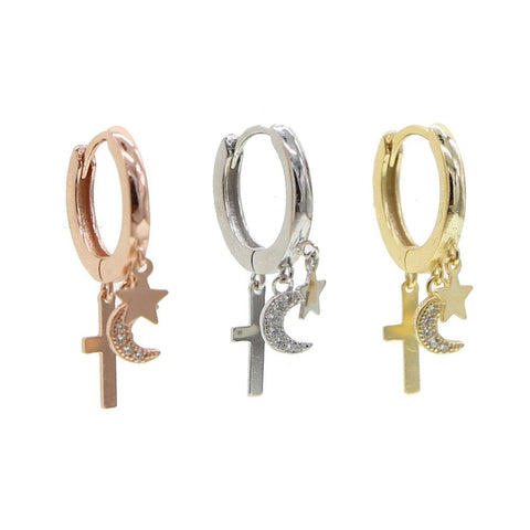 925 sterling silver cute lovely charm hoop earring gold silver rose gold 3 colors dainty cross moon star charm silver jewelry