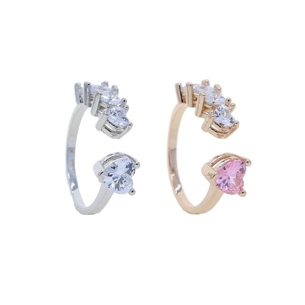 Heart CZ Ring For Women Open Adjusted Size White Pink Cubic Zirconia Finger Fashion Jewelry