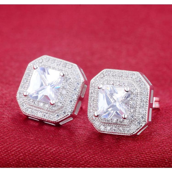 Real Sterling Silver princess cut zirconia stud Earrings for women Wedding