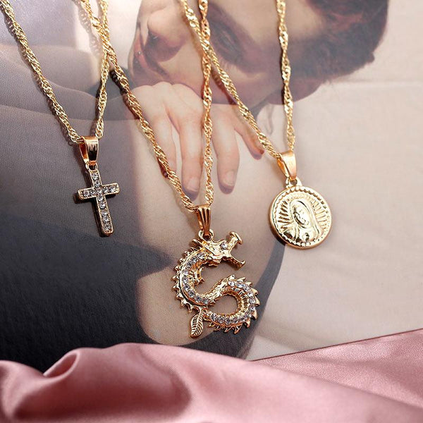 3Pcs/Set Dragon Cross Medal Necklace
