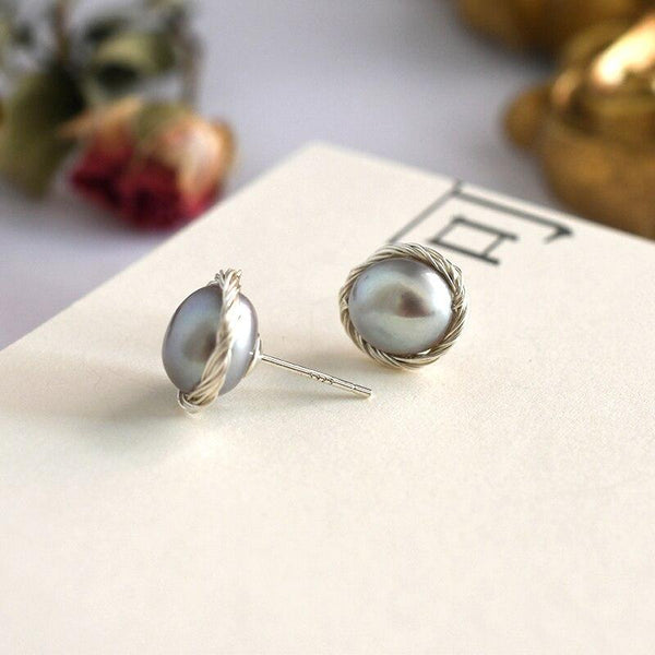 Handmade Real 925 Sterling Silver Stud Unusual Earrings Trendy Women Natural Freshwater Pearl Jewelry Gift