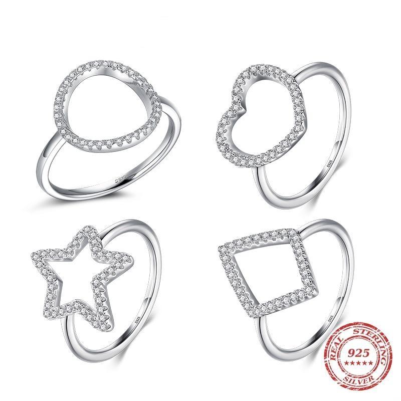 925 Sterling Silver Sprakling Clear CZ Rings For Women Fashion Heart Star Round Rhombus Shape Finger Rings Fine Jewelry