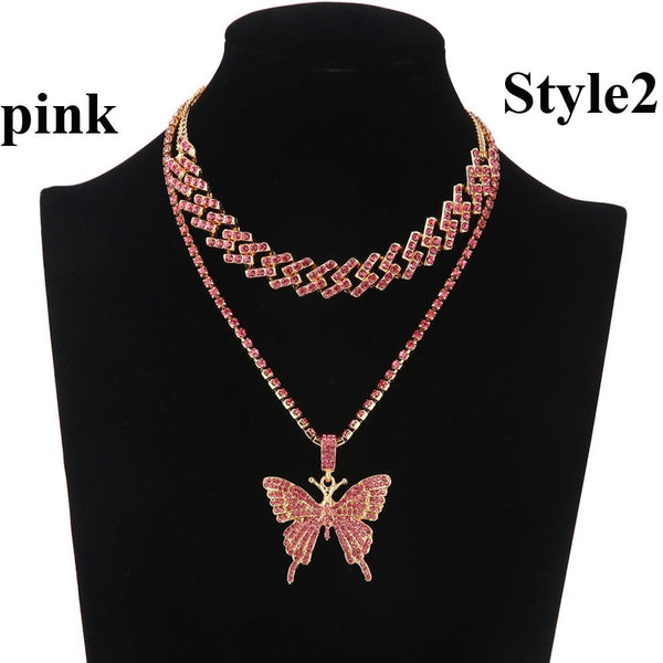 2pcs/set Iced Out Butterfly Chain Necklace