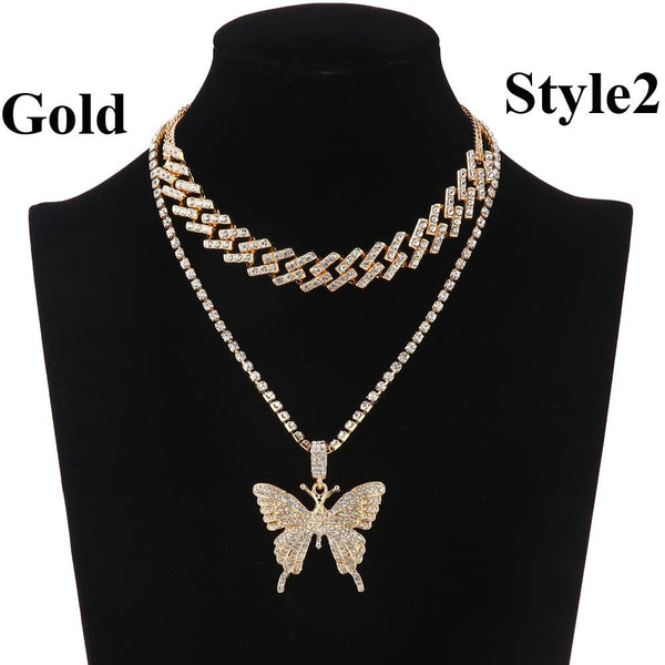 2pcs/set Iced Out Butterfly Chain Necklace