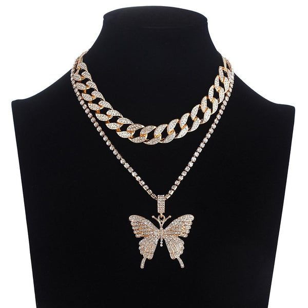 2pcs/set Iced Out Butterfly Chain Necklace