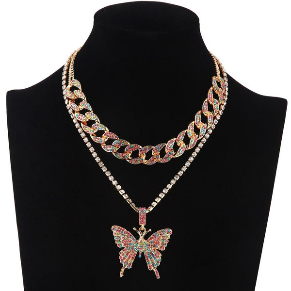 2pcs/set Iced Out Butterfly Chain Necklace