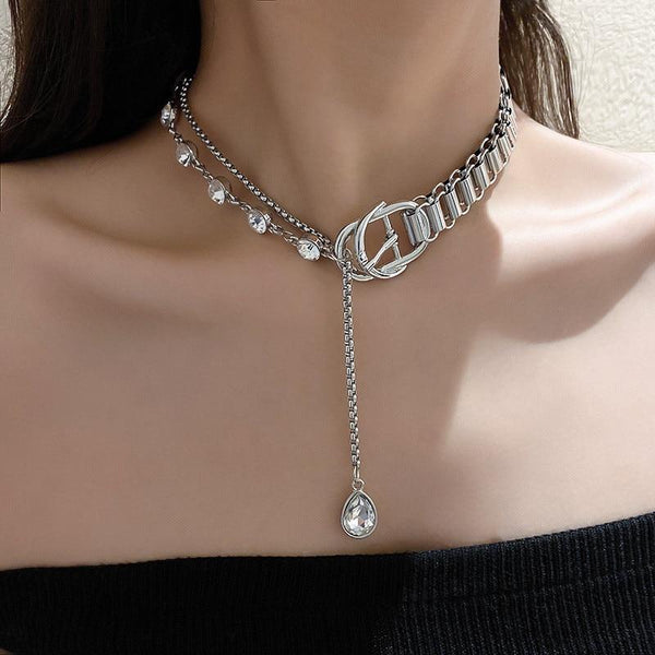 Water Drop Crystal Choker Necklaces Chain Button Pendant Statement Jewelry