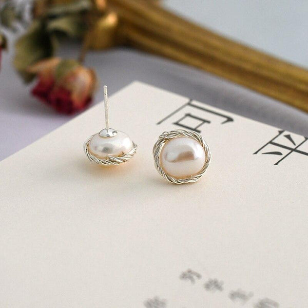 Handmade Real 925 Sterling Silver Stud Unusual Earrings Trendy Women Natural Freshwater Pearl Jewelry Gift