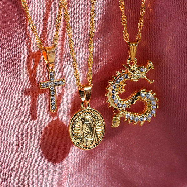 3Pcs/Set Dragon Cross Medal Necklace