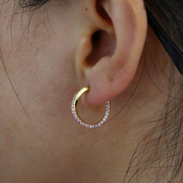 18mm Medium Pink Cz Circle Hoop Earring Top Quality Gold Plated 100% 925 Sterling Silver Girl Jewelry