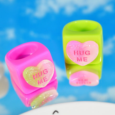 Y2K Jewelry 2Pcs Pink Green Resin Heart Rings For Women Rainbow Harajuku Vintage Letter Rings Charms 90s Aesthetic