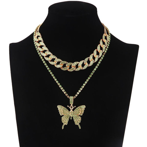 2pcs/set Iced Out Butterfly Chain Necklace