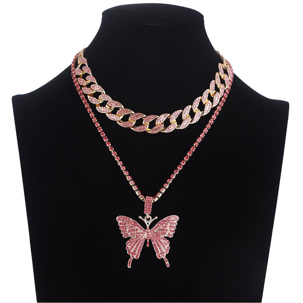 2pcs/set Iced Out Butterfly Chain Necklace