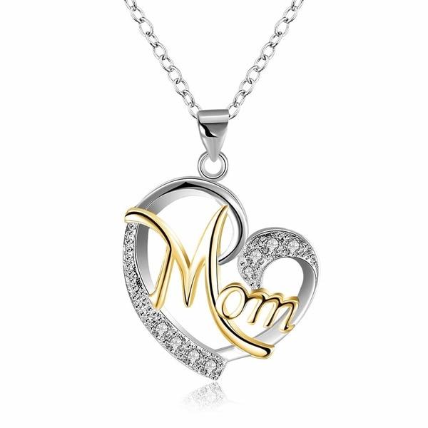 Fashion MOM Heart Shape Inlaid Crystal Pendant Necklace Mother's Day Gift High Quality Jewelry