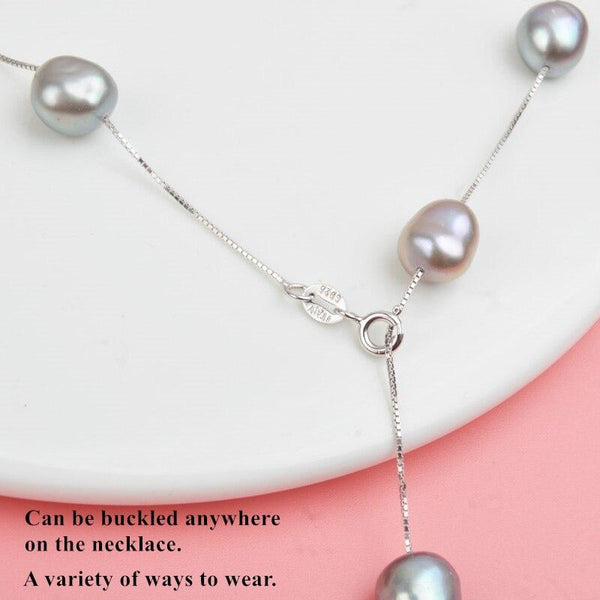 Real Pure 925 Sterling Silver Chain Pendant Necklace For Women 8-9mm White Gray Natural Freshwater Baroque Pearl Jewelry