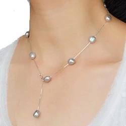 Real Pure 925 Sterling Silver Chain Pendant Necklace For Women 8-9mm White Gray Natural Freshwater Baroque Pearl Jewelry