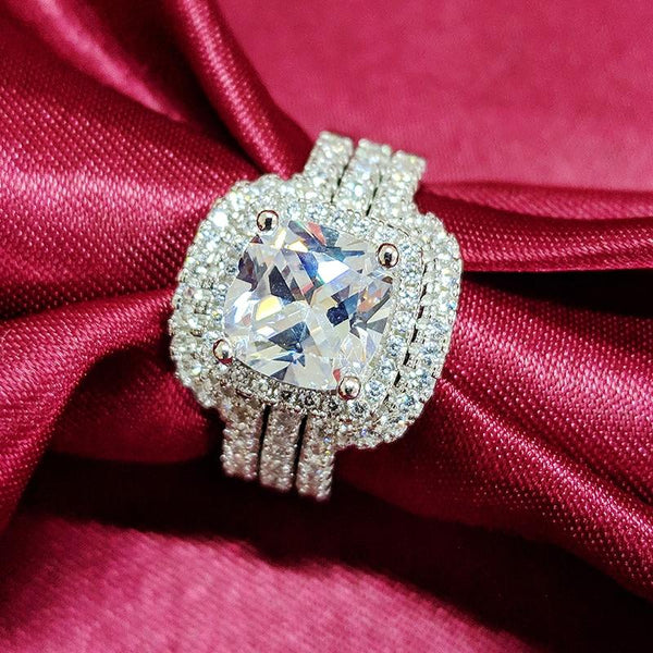New Design Luxury 3 Pcs 3 In 1 925 Sterling Silver Ring Cushion Engagement Wedding Ring Set For Women Bridal Jewelry