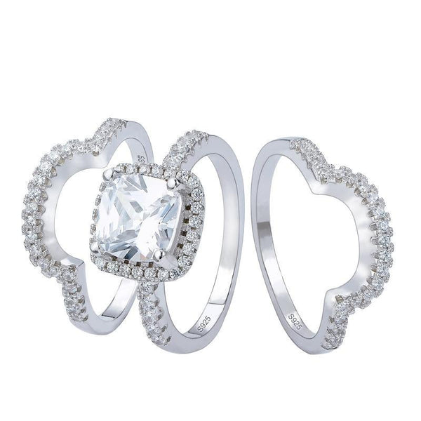 New Design Luxury 3 Pcs 3 In 1 925 Sterling Silver Ring Cushion Engagement Wedding Ring Set For Women Bridal Jewelry