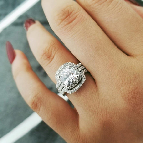 New Design Luxury 3 Pcs 3 In 1 925 Sterling Silver Ring Cushion Engagement Wedding Ring Set For Women Bridal Jewelry