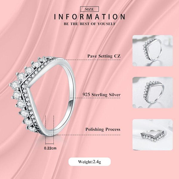 Fashion 100% Real 925 Sterling Zircon Crown Finger Ring Classic Stackable Silver Jewelry For Women Wedding Christmas Gift