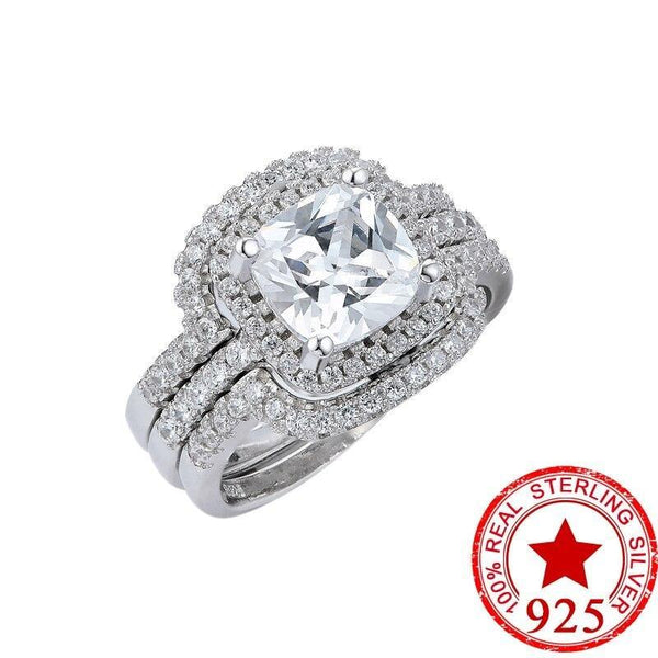 New Design Luxury 3 Pcs 3 In 1 925 Sterling Silver Ring Cushion Engagement Wedding Ring Set For Women Bridal Jewelry