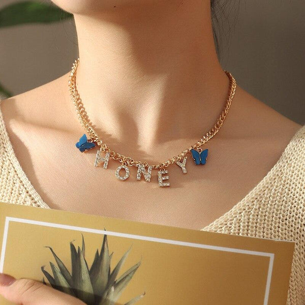 Cute Butterfly CZ Diamond Letter Choker Necklace Angel Baby Honey
