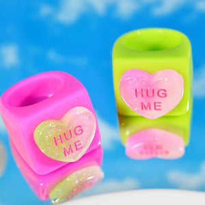 Y2K Jewelry 2Pcs Pink Green Resin Heart Rings For Women Rainbow Harajuku Vintage Letter Rings Charms 90s Aesthetic