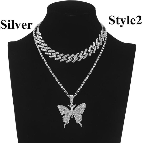 2pcs/set Iced Out Butterfly Chain Necklace