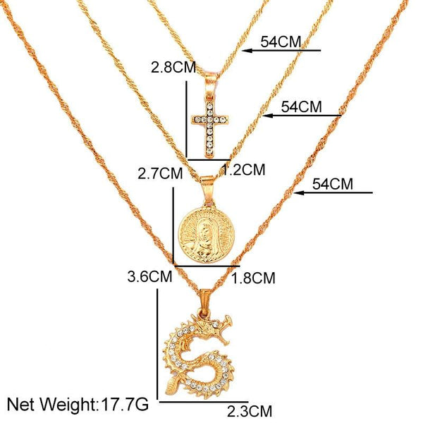 3Pcs/Set Dragon Cross Medal Necklace