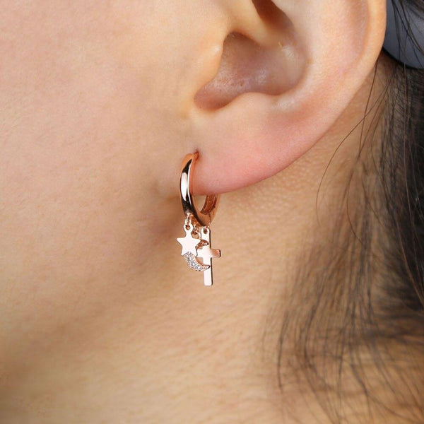 925 sterling silver cute lovely charm hoop earring gold silver rose gold 3 colors dainty cross moon star charm silver jewelry