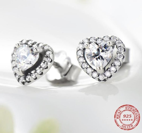 Dazzling 925 Sterling Silver Clear CZ Heart Fashion Stud Earrings for Women Charm Wedding Statement Silver Fine Jewelry