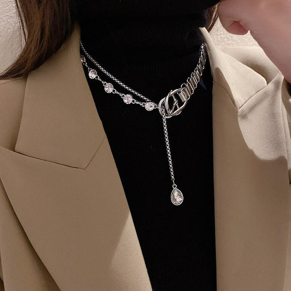 Water Drop Crystal Choker Necklaces Chain Button Pendant Statement Jewelry