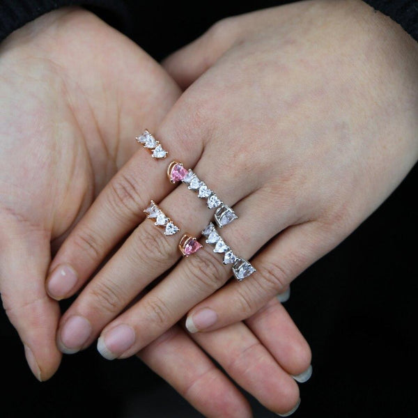 Heart CZ Ring For Women Open Adjusted Size White Pink Cubic Zirconia Finger Fashion Jewelry