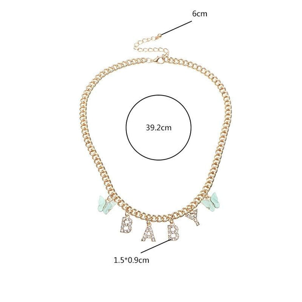 Cute Butterfly CZ Diamond Letter Choker Necklace Angel Baby Honey