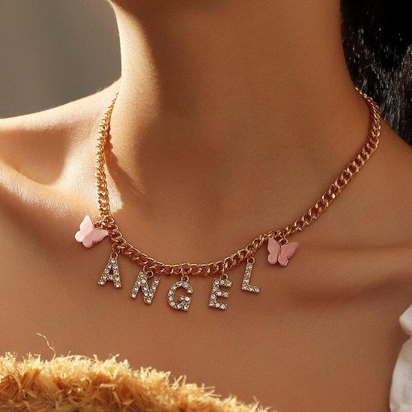 Cute Butterfly CZ Diamond Letter Choker Necklace Angel Baby Honey