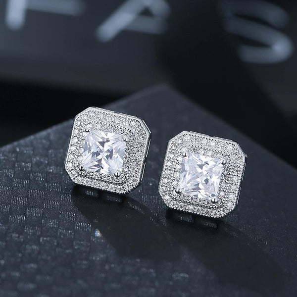Real Sterling Silver princess cut zirconia stud Earrings for women Wedding
