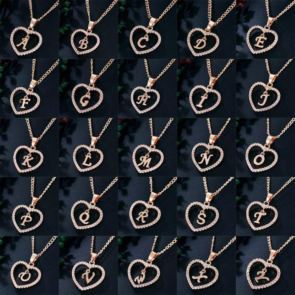 Heart Name Initials Heart Pendant Necklace 26 Letters Zircon Love Necklaces Girls Gifts