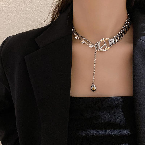 Water Drop Crystal Choker Necklaces Chain Button Pendant Statement Jewelry