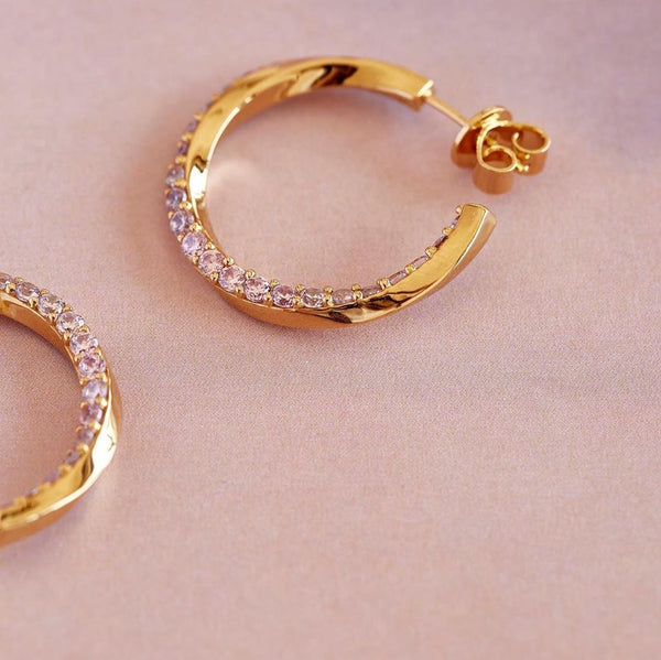 18mm Medium Pink Cz Circle Hoop Earring Top Quality Gold Plated 100% 925 Sterling Silver Girl Jewelry