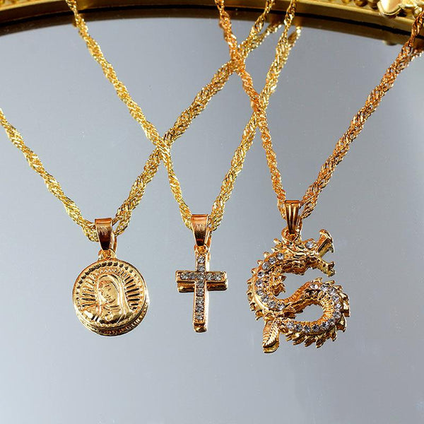 3Pcs/Set Dragon Cross Medal Necklace